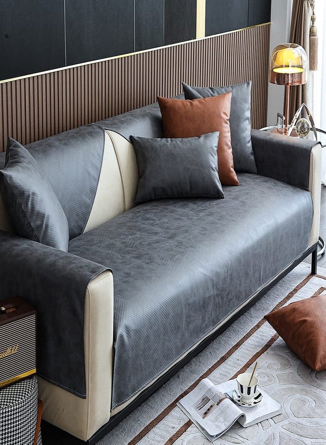 XSlive Faux Leather Waterproof Couch Sofa Cover Vintage PU Sectional Couch Cover Non Slip Sofa Slipcover Furniture Protector for Kids Dogs Cats (Gray,28"x47") - Image 1